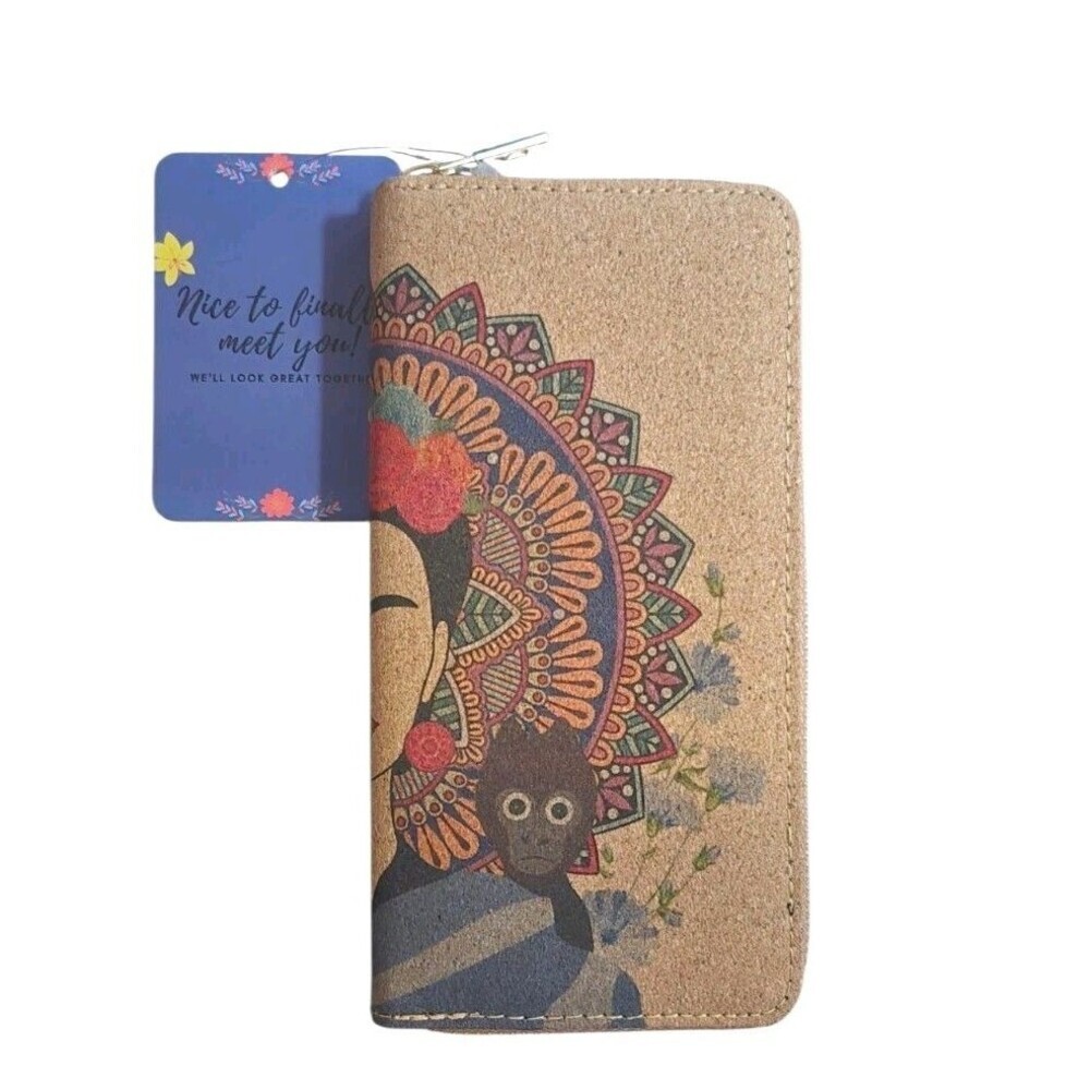 NWT Frida Kahlo Cork Vegan Zip Wallet Floral Animal Aztec 8x4"